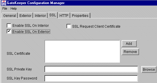 Illustration shows the SSL tab of the Gatekeeper Configuration Manager dialog