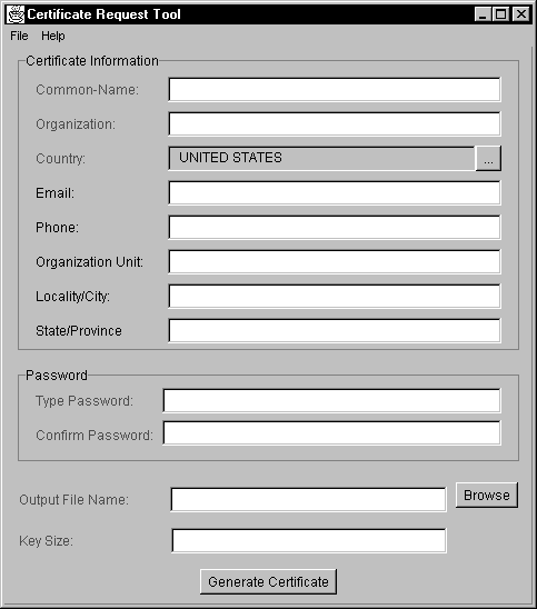Illustration shows the Certificate Request Tool dialog