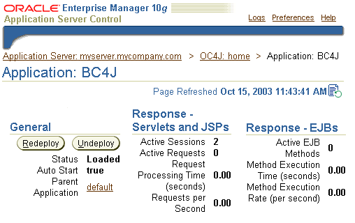 Oracle Enterprise Manager application management screen