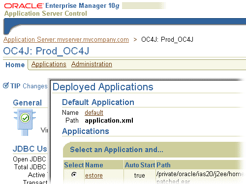 Application Server Control screen