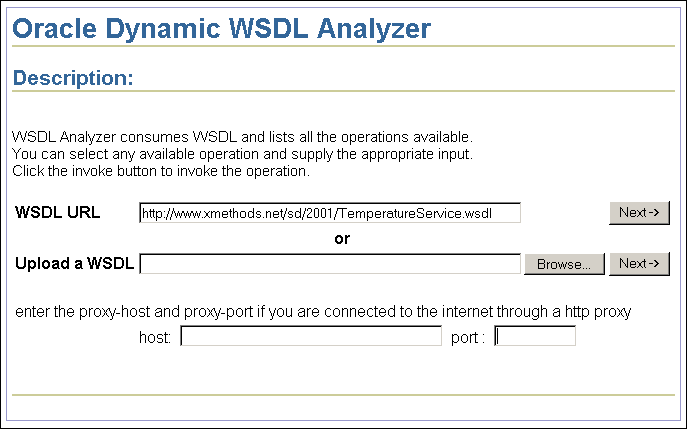 Shows the control screen for the WSDL Analyzer