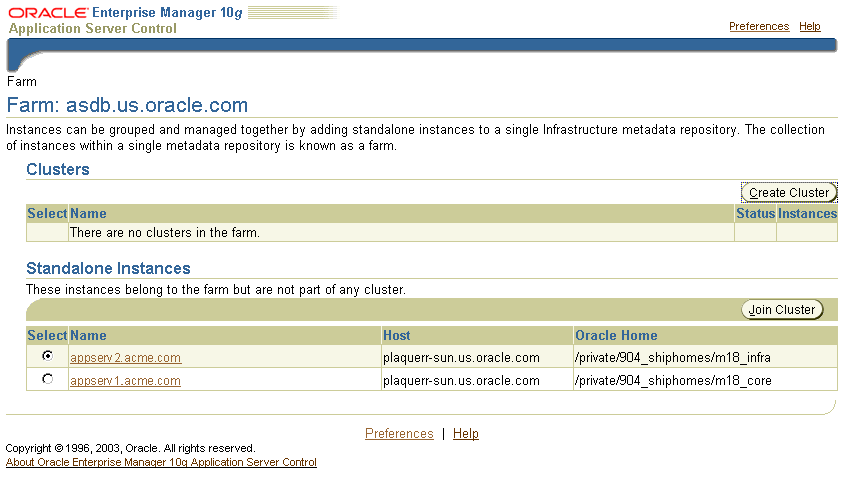 Oracle Application Server Farm page