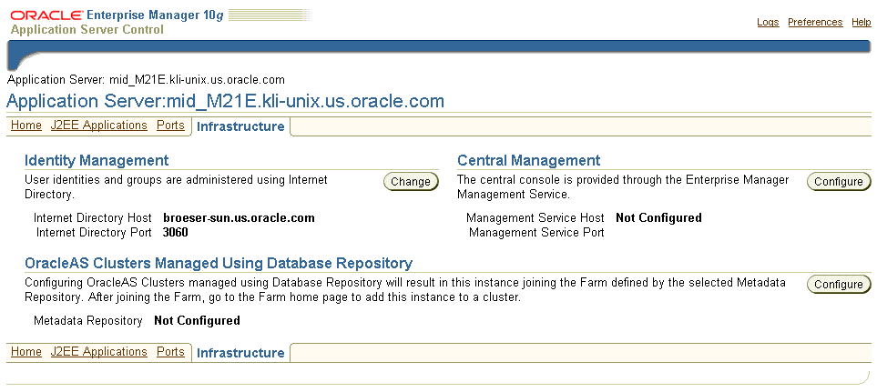Application Server Control Console Infrastructure Page