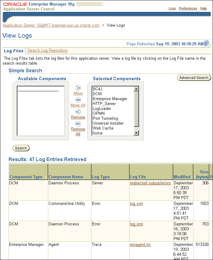 Enterprise Manager View Logs Search Results