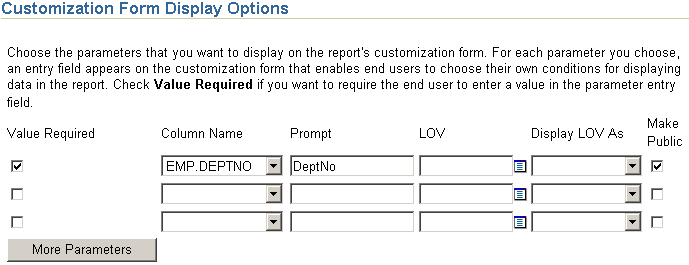 Shows specifying and configuring a report parameter
