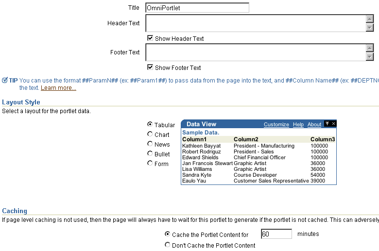 Shows View tab of the OmniPortlet wizard.