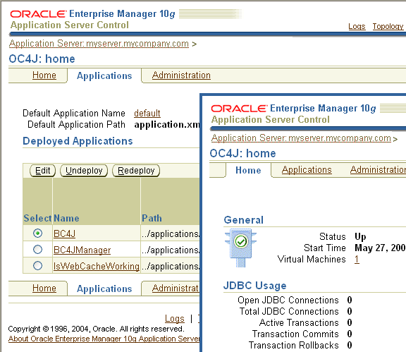 Application Server Control screen