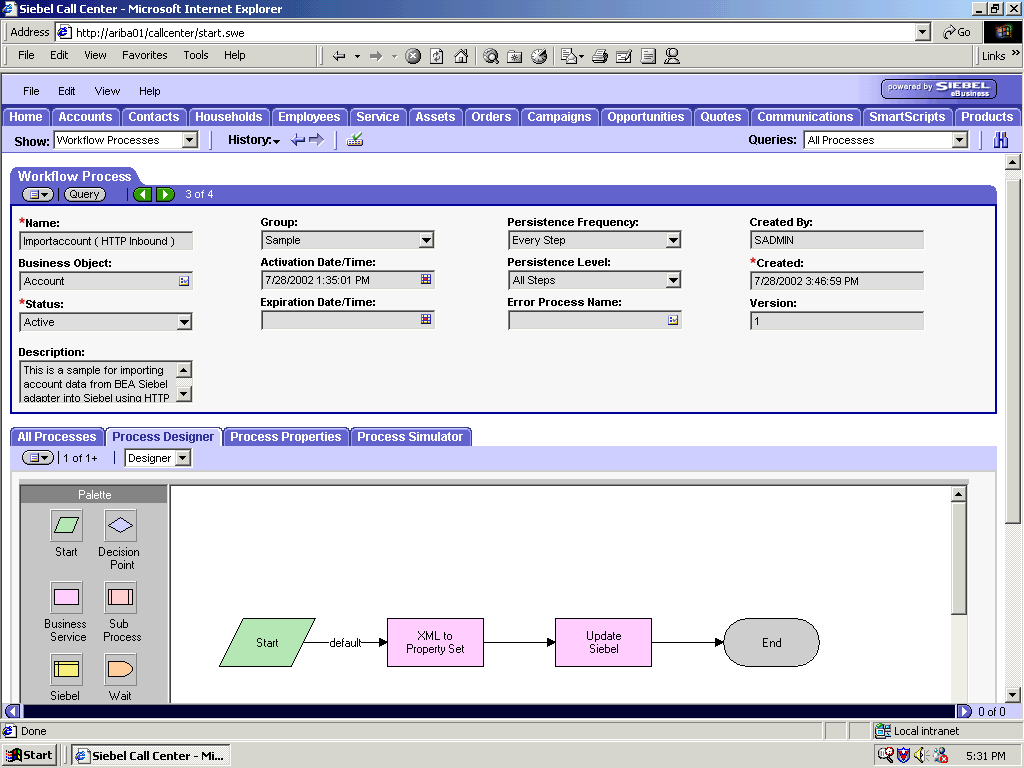 Siebel Workflow Administration window.