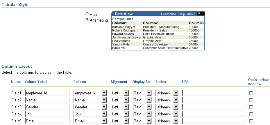 Shows Layout tab for Tabular style.