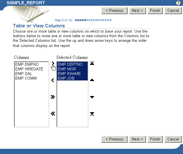 Shows selecting columns for report