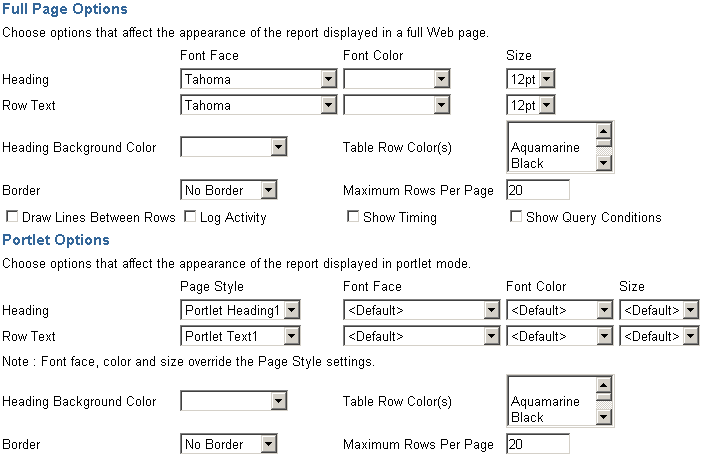 Shows Report display options for full Web page and portlet