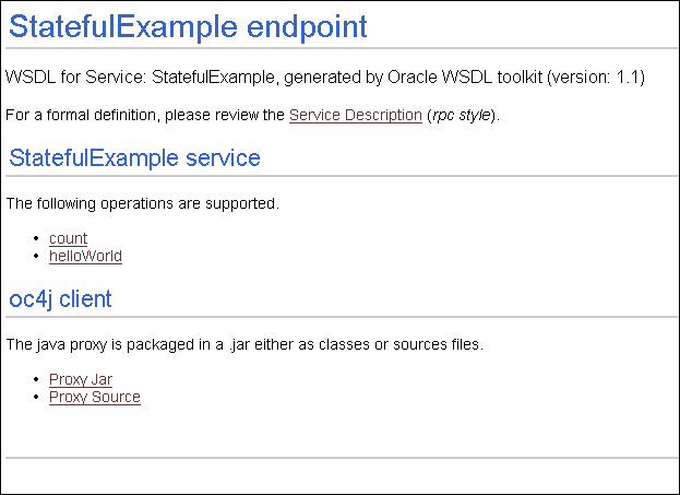 Web Service Home Page for StatefulExample demo.
