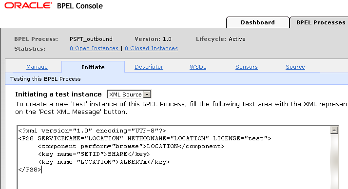 Oracle BPEL Console Initiate window