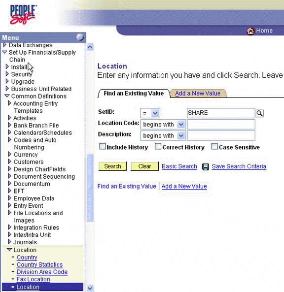 PeopleSoft location pane