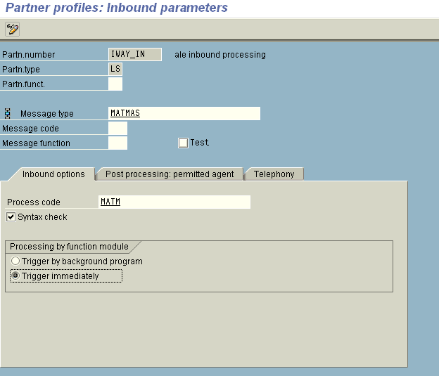 Partner profiles: Inbound parameters window