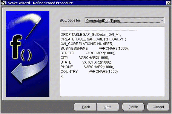 Invoke Wizard - Define Stored Procedure dialog box