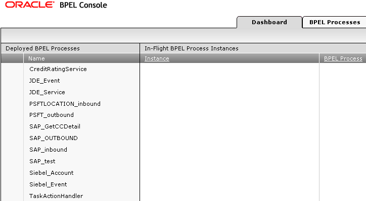 BPEL Console showing the newly-deployed BPEL process