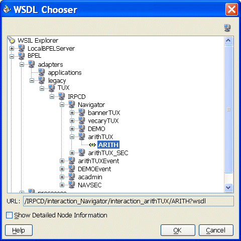 Selecting an adapter interaction from the WSIL Explorer