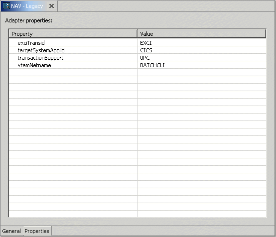 The CICS adapter properties tab.