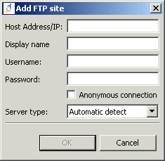 The Add FTP Site window, where new FTP sites are defined