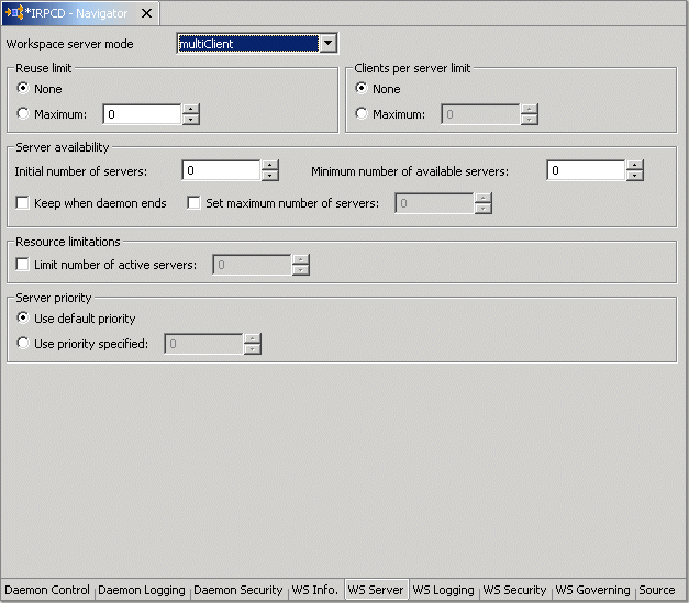 The Daemon workspace WS Server tab.