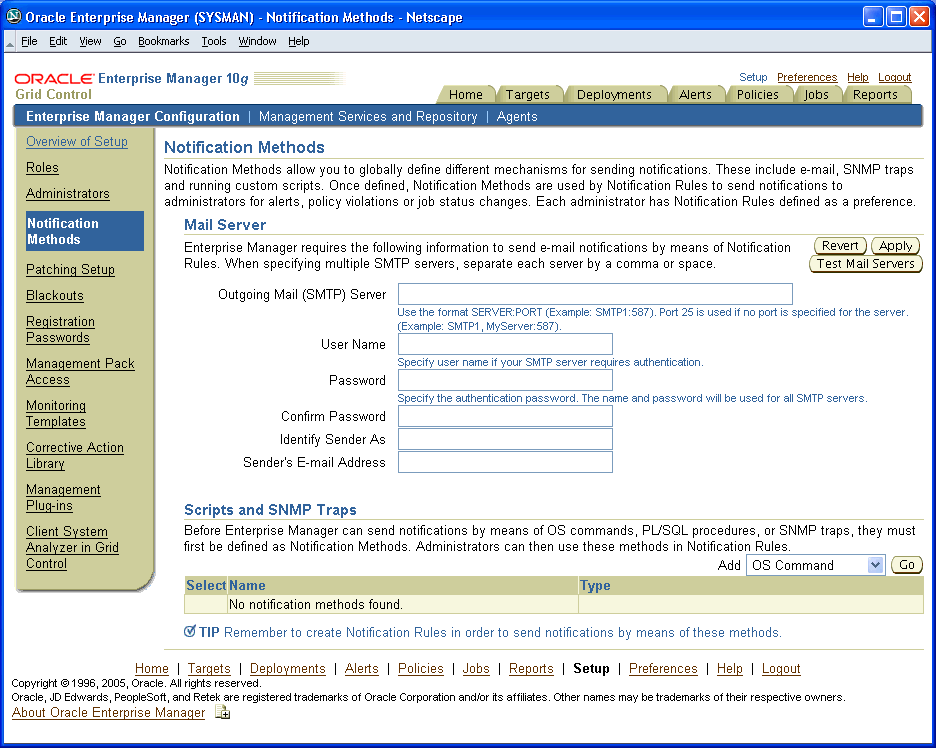 Mail Server fields on Notification Methods page.