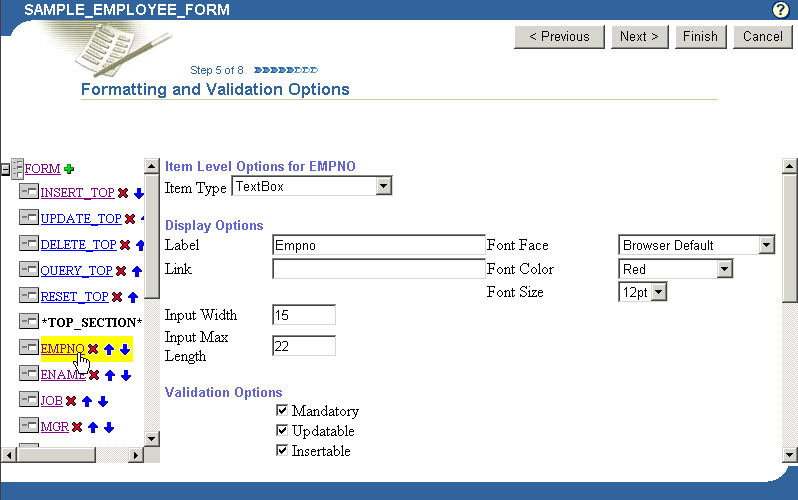 Shows column formatting and validation options