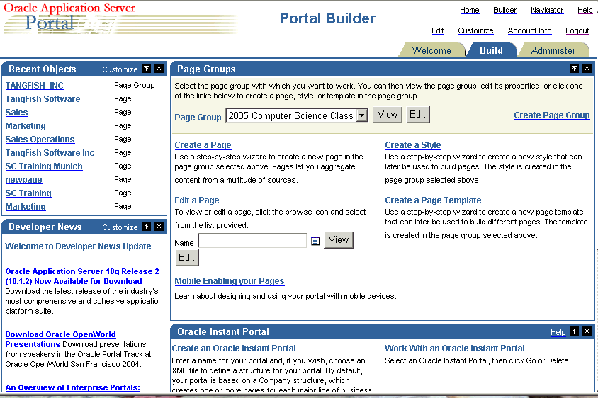 Build tab in OracleAS Portal