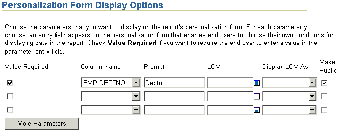 Shows specifying and configuring a report parameter