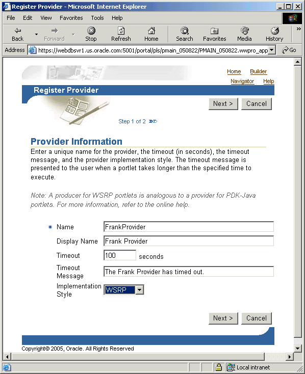 Shows Provider Information page.
