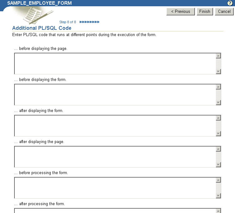 Shows fields for entering PL/SQL code