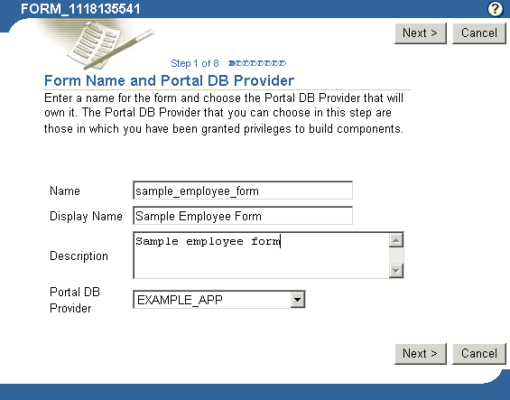 Shows step one of the Form Wizard