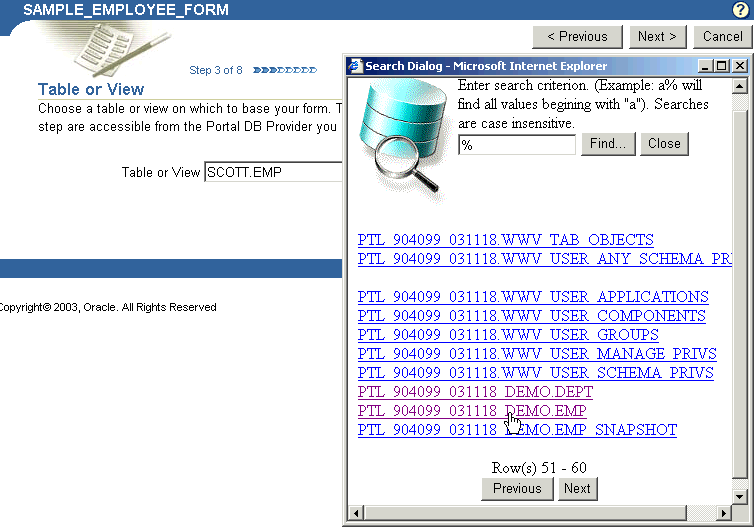 Shows selecting a table or view