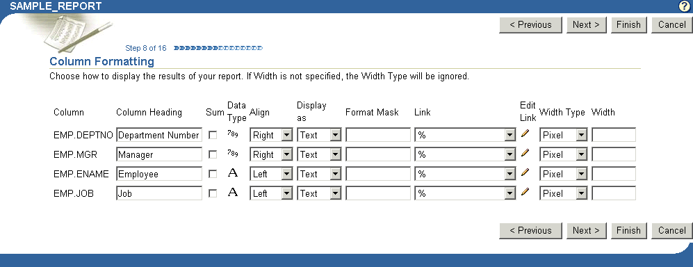 Shows Column Formatting page