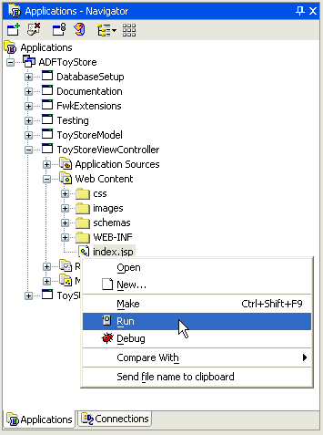 How to run the Toy Store application in JDeveloper.