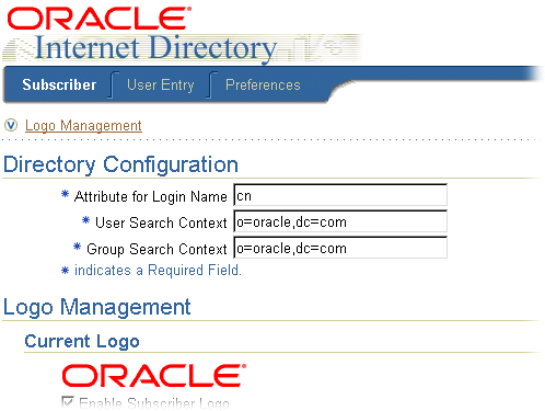 Oracle Internet Directory screen Oracle Internet Directory screen