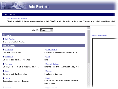 Add Portlets screen Add Portlets screen