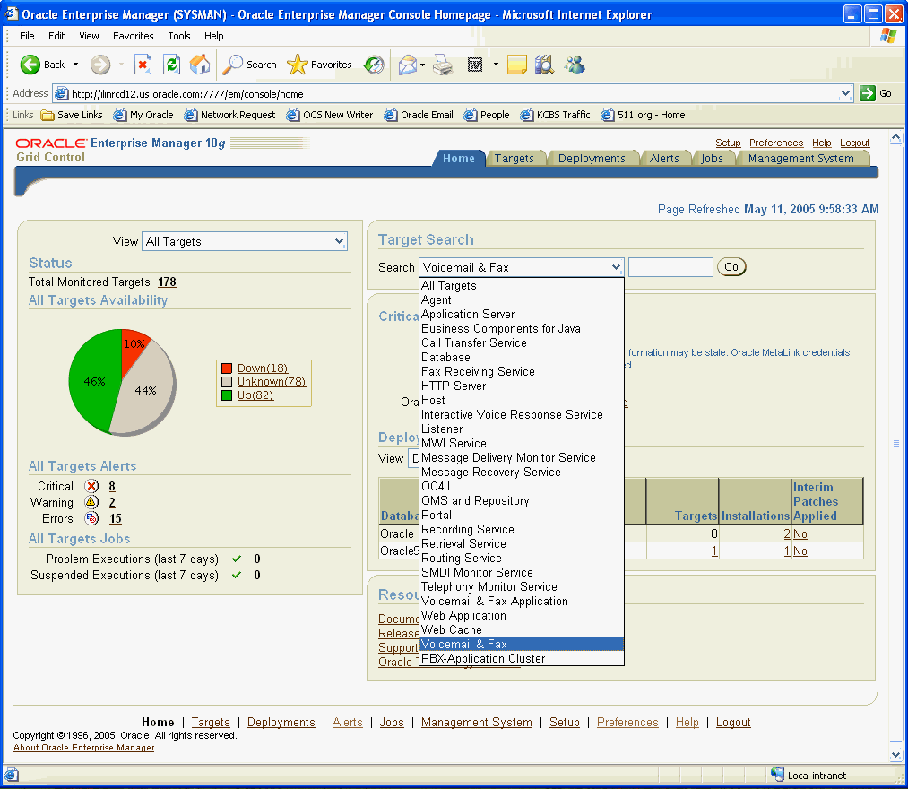 Screenshot of Enterprise Manager Grid Control Home page