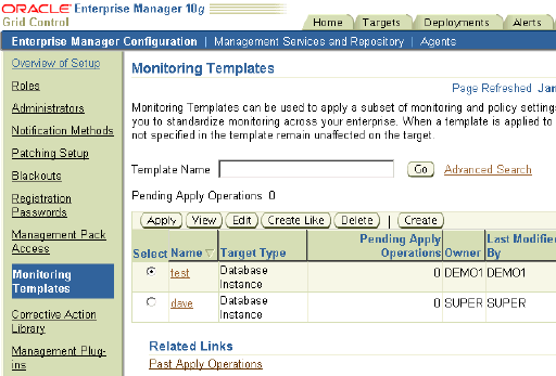 Monitoring Templates page Monitoring Templates page