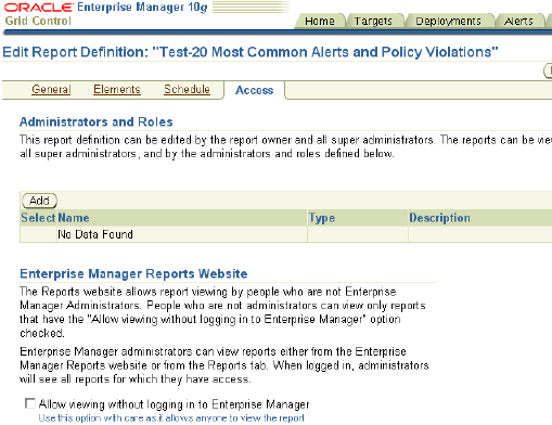 Edit Report Definition Access page Edit Report Definition Access page