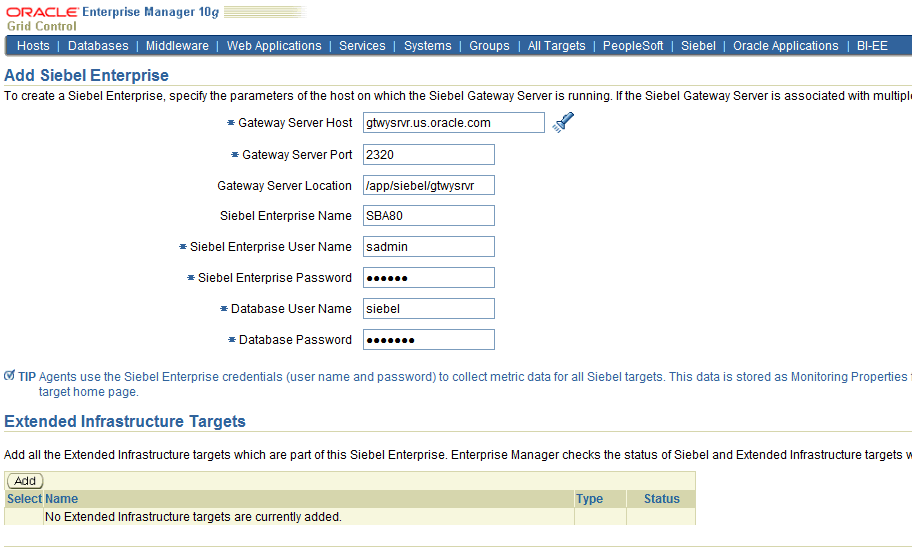 Sample data is shown in Add Siebel Enterprise page.