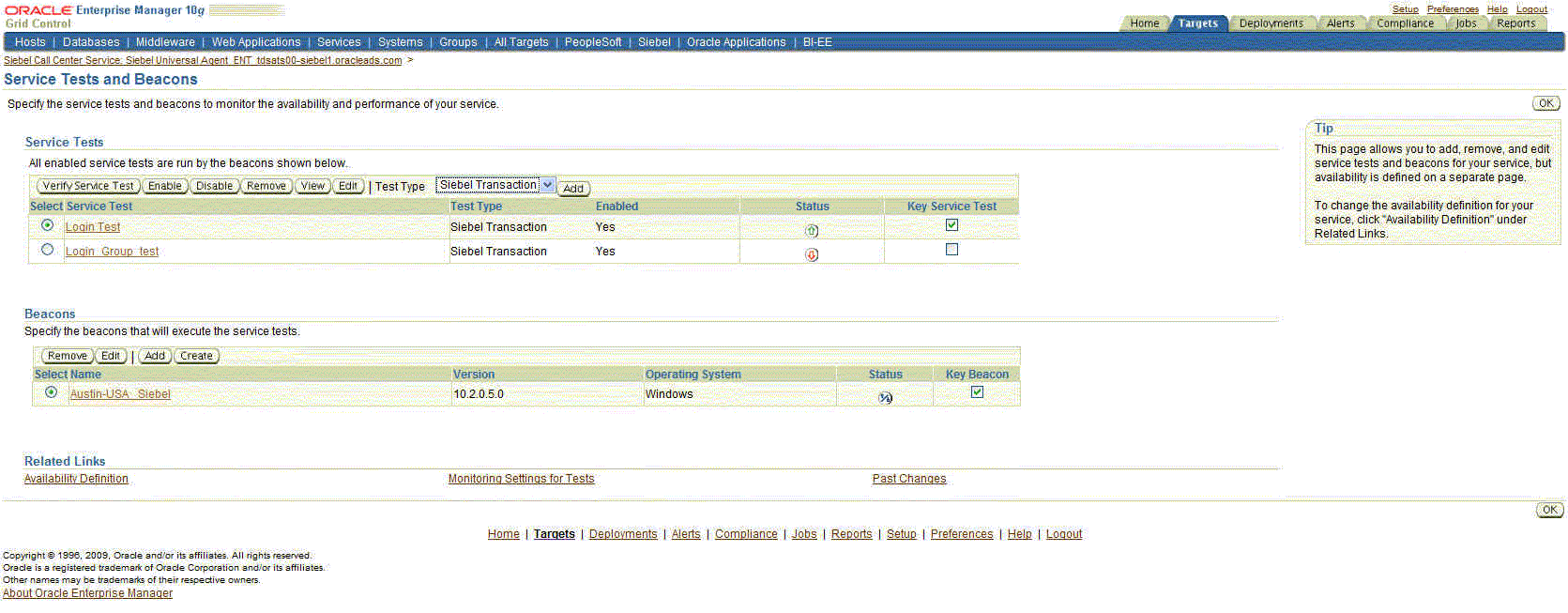 Shows sample data for Service Tests and Beacons page.
