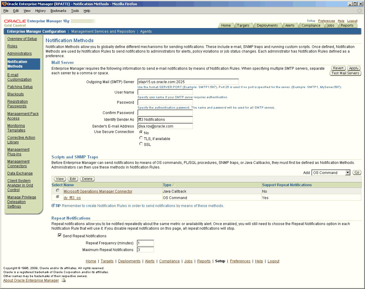 Definition entry fields on Notification Methods page.