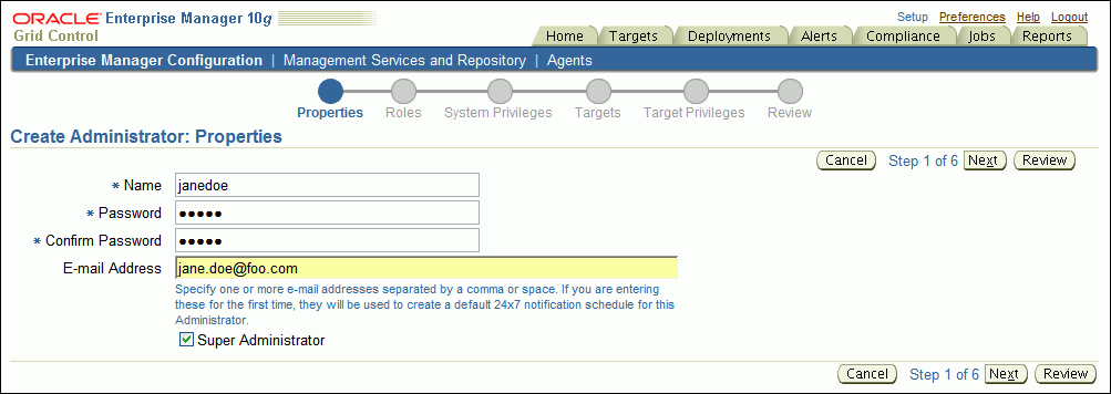 Create Administrator: Properties Page