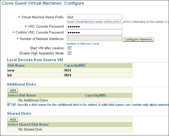 Clone Guest Virtual Machines: Configure page