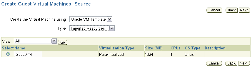 Create Guest VM: Source -Imported Resource