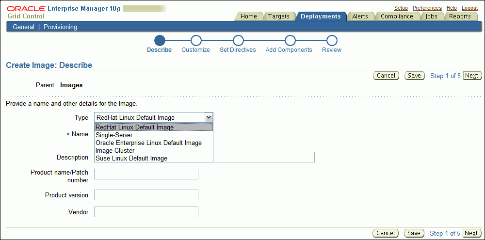This figure displays the Create Image: Describe Page.