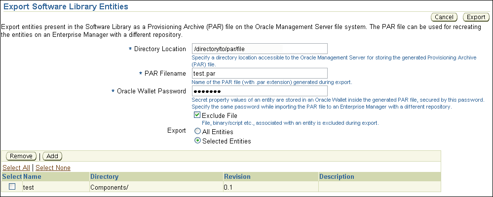 Export Software Library Entities Page