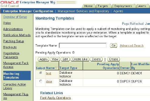 Monitoring Templates page