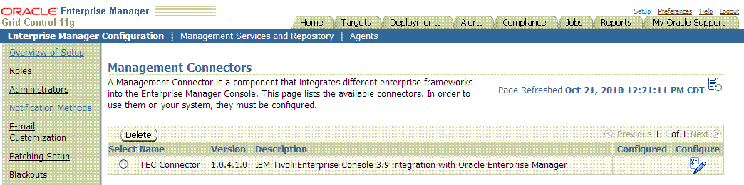 Lists installed TEC connector on conectors page